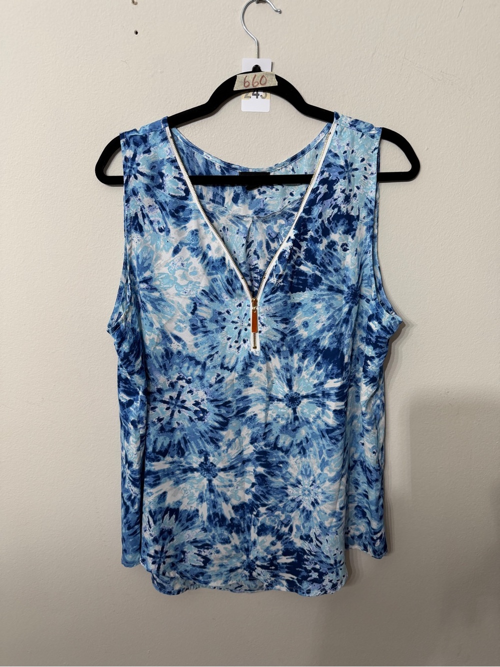 Women’s Tacera Sleeveless Blue Floral Gold Zip Front Women's Top Size XL